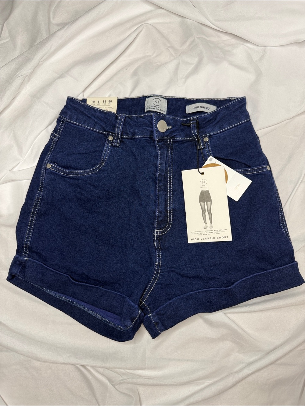 Cotton On Dark Blue High Waist Rolled Hem Denim Shorts